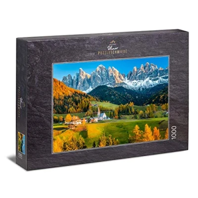 Image of Ulmer Puzzleschmiede puzzle St Magdalene 1000 pieces jigsaw a picturesque mountain village in front of the panorama Geisler Group near Bozen South Tyrol