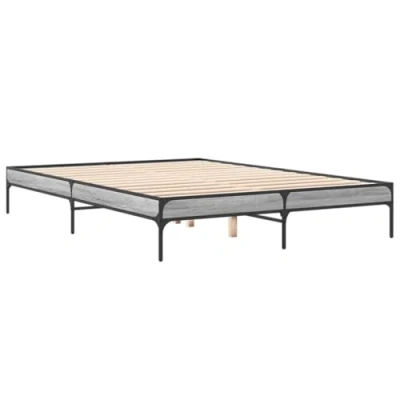 Image of vidaXL Engineered Wood Bed Frame Base with Metal Legs, Grey Sonoma, Plywood Slats, 160x200 cm Modern Bedroom Support