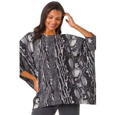 Image of Roman Originals Snit Animal Print Top for Women UK Ladies Everyday Autumn Winter Round Neckline Comfy Soft Evening Vacation Work Party Night Out Black Size 16