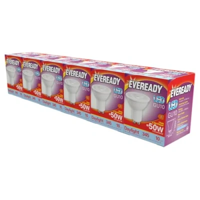 Image of Eveready GU10 LED Bulb 4.7W Replaces 50W Daylight (6500k) 345 Lumens Non Dimmable Spotlight. Pack of 6 Bulbs.