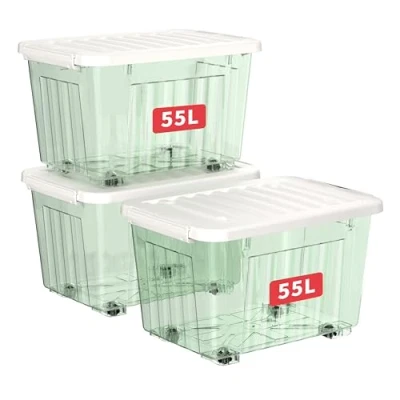 Image of Cetomo 55L*3 Storage Boxes with Wheels, Plastic Box Lid, Latching Buckles, Click Closure, Stackable, Nesting, Durable Organizer for Home Office Clothes, Clear Green, 55L 3 Pack