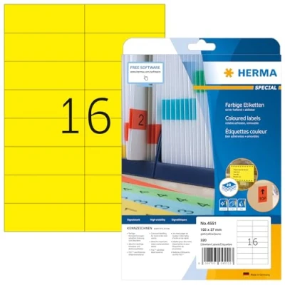 Image of HERMA Self Adhesive Coloured Labels, 16 Labels per A4 Sheet, 20 Sheets, 105 x 37 mm, 320 Blank Removable Colour Stickers, Sticky for Laser &amp; Inkjet Printer, Yellow