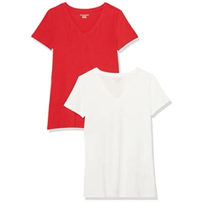 Image of Amazon Essentials Women&#039;s Classic Fit Short Sleeve V Neck T Shirt, Pack of 2, Red/White, M