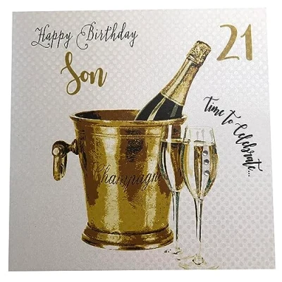 Image of white cotton cards &quot;Champagne Bucket, SON 21 Happy Birthday Handmade 21st Card, White, WBS21