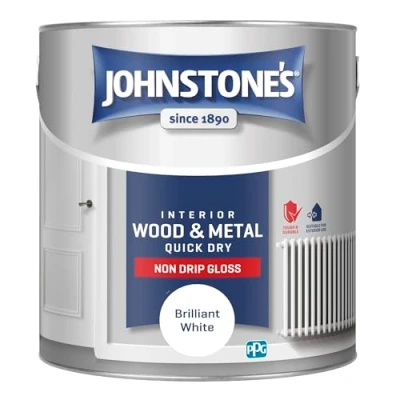 Image of Johnstone&#039;s Quick Dry Gloss Brilliant White Finish Water Based Interior Wood &amp; Metal Radiator Paint Low Odour in 1 2 Hours 25m2 Coverage per Litre 2.5 L