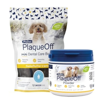 Image of ProDen PlaqueOff 100% Natural Tartar &amp; Bad Breath Remover for Dogs 420g Dental Powder with 20 Mini Bones Bundle Healthy Teeth Fresh