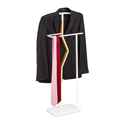 Image of Relaxdays Valet Stand, Suit Holder, Clother Butler, Wardrobe Hanger, Wood, Metal, HxWxD 107x48x20 cm, White/Natural, Steel, Fibreboard, 107 x 48 20 cm