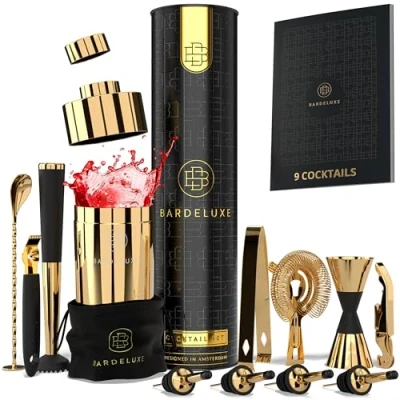 Image of BarDeluxe® Cocktail Shaker Set, 12 Pieces Making Kit, Kit 750 ml Shaker, Bartender Bar with Tools, Gift Recipe Book (Gold)
