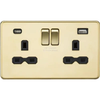 Image of KnightsBridge 13A 2G SP Screwless Switched Socket with Dual USB A+C Polished Brass, Black Insert