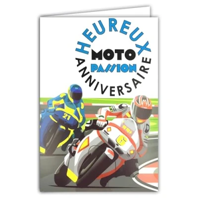 Image of 69 8110 Happy Birthday Moto Passion Fluorescent Card with Envelope 12 x 17.5 cm Illustration for Biker Large Capacity Track Speed GP Real Inks Created and Made in France