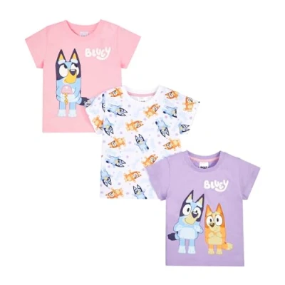 Image of Bluey Girls T Shirts Pack of 3 100% Cotton and Bingo Multipack Summer Tops Ages 2 to 8 Years Old Official Merchandise (UK, Age, 4 Years, 5 Regular, Multicoloured)