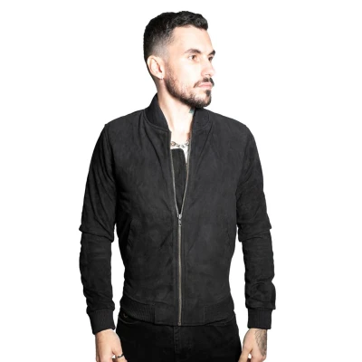Image of Infinity Mens Retro Black Goat Suede Leather Bomber Varsity Jacket M