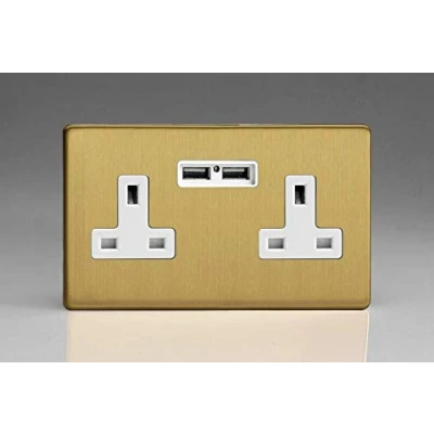 Image of XDB5U2WS Varilight 2 Gang, 13 Amp Unswitched Socket with Optimised USB Charging Ports, White Insert. Dimension Screwless Brushed Brass Effect