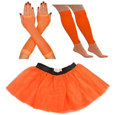 Image of 80s Fancy Dress for Women Neon tutu Skirt costume Party Accessories 1980s Costumes Leg Warmers Fishnet Gloves Rave Retro Outfit (14 22 UK, Orange)