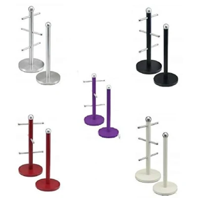 Image of Optimal Products Stainless Steel 6 Cup Mug Tree Stand and Kitchen Towel Paper Roll Pole Holder Free Standing Bath Rack (Metallic Red, Tree)