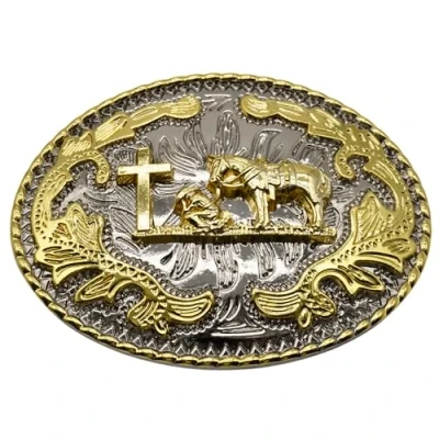 Image of WMG Praying Cowboy Cross Religious Faith Rodeo Western Gold Tone Belt Buckle, Gold, Medium