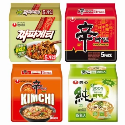 Image of Nong Shim SHIN Ramyun Original, Kimchi, Chapagetti Chajangmyun Jjajang, Soon Veggie Korean Ramen Noodles Mix Bundle (Pack of 20) HALAL 4 Assorted Flavour