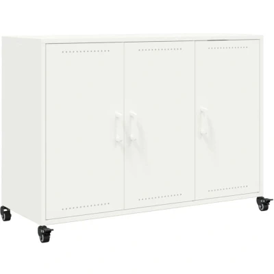 Image of vidaXL White Cold Rolled Steel Sideboard/Cupboard Cabinet with 3 Door Storage and Wheels 100.5 x 39 72 cm