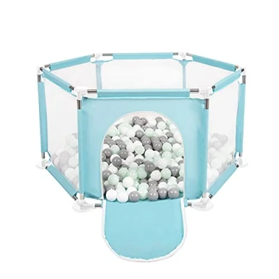 Image of Selonis Hexagon 6 Side Play Pen with 900 Balls, Mint:White/Grey/Mint
