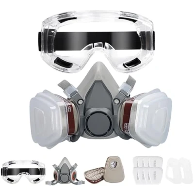 Image of Powzdi Respirator Mask, Reusable Mask Safety Dust Paint Face Cover Half Facepiece with 8Pcs Filter and Goggles for Gas Formaldehyde Sanding Polishing Spraying Other Work