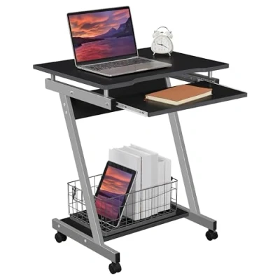 Image of Yaheetech Z Shaped Small Computer Desk with Sliding Keyboard 4 Wheels for Home, PC Table Movable Portable on Laptop Foldaway Trolley Study Workstation Spaces, Black