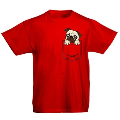 Image of Youth Kids Childrens Dog Pug Pocket Print Puppy Cute Funny T Shirt Red 9 11 Years (L)