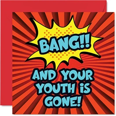 Image of Funny Birthday Cards for Men Women Comic Bang Rude Card Friend Son Daughter Mum Dad Brother Sister Uncle Nan, 145mm x Joke Humour Banter Greeting 30th 40th 50th Bday