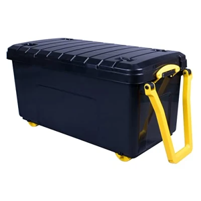 Image of Really Useful Plastic Storage Box 160 Litre Wheeled trunk in Black (Yellow Wheels+Handles)