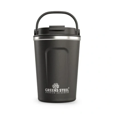 Image of Greens Steel Reusable Coffee Cup 350 ml (12 oz) Black Travel Mug with Lid &amp; Handle Stainless Insulated Flask for Hot Cold Drinks Leak Proof Tumbler Tea, Coffee, Iced