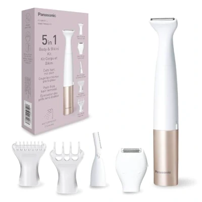 Image of Panasonic ES WM31 in 1 Body &amp; Bikini Kit, Women&#039;s Hair Remover, Ladies Shavers, Trimmer, 5 Attachments, IPX7 Waterproof, Wet Dry, Battery Powered (1 x AA Required), White Gold