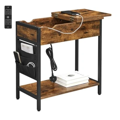Image of VASAGLE Slim Side Table with Charging Station, Narrow Bedside Storage, End USB Ports, Outlets, Fabric Bags, for Living Room, Bedroom, Rustic Brown and Black LET309B01