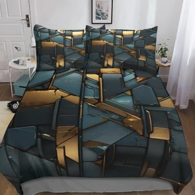 Image of INTCHE Black Gold 3D Printed Bedding Set with Pillowcase,Duvet Cover Zipper Closure,Soft Microfiber Quilt King（220x240cm）
