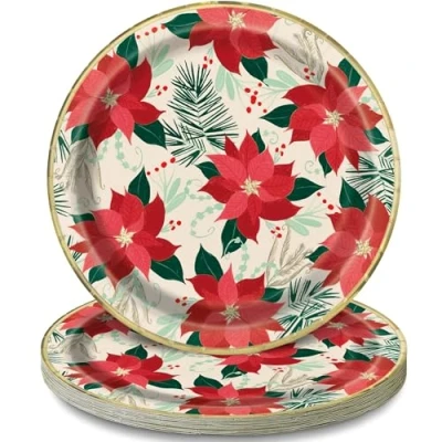 Image of Unique Party 77115 23cm Foil Red and Gold Poinsettia Christmas Plates, Pack of 8