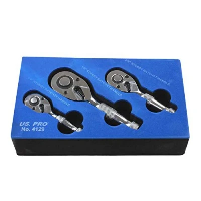 Image of US PRO B4129 Mini Ratchet Spanner Short 1/4 &quot;3/8&quot; 1/2 Stubby 3 Piece Set