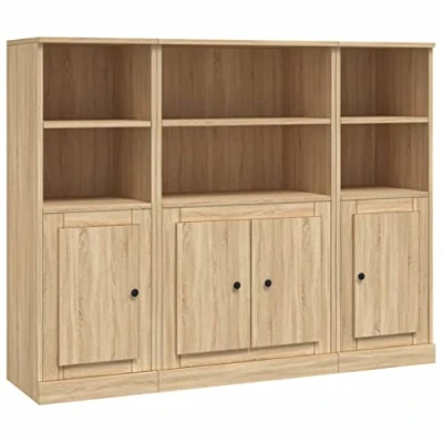 Image of vidaXL Sonoma Oak Highboard Sideboard Cabinet Engineered Wood Modern Storage Cupboards for Living Room, Dining Area 132x35.5x103.5cm, Set of 3