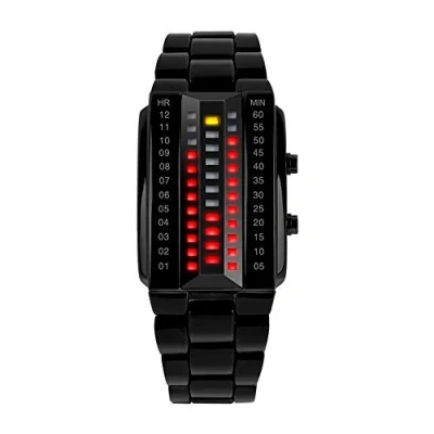 Image of FeiWen Unique Black Stainless Steel Binary Digital Watches for Men and Women Red Yellow LED Lights Rectangle Dial Fashion Style Wristwatches Date (Small)
