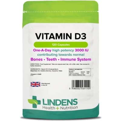 Image of Lindens Vitamin D3 3000IU 120 Capsules High Potency 1500% NRV Contributes to Normal Bones, Teeth &amp; Immune System 4 Months Supply GMP Letterbox Friendly UK Made