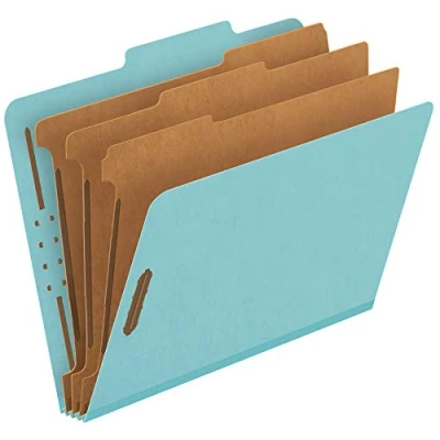Image of Pendaflex Pressboard Classification File Folders, 3 Dividers, 2&quot; Embedded Fasteners, 2/5 Tab Cut, Letter Size, Light Blue, Box of 10 (24094), Specialty