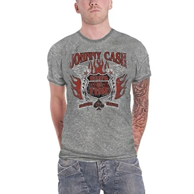 Image of Johnny Cash T Shirt Distressed Ring of Fire Logo Official Mens Grey Burnout M