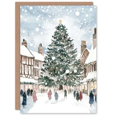 Image of Artery8 English Town Square Decorated Tree Blank For Him Or Her Art Xmas Festive Christmas Card