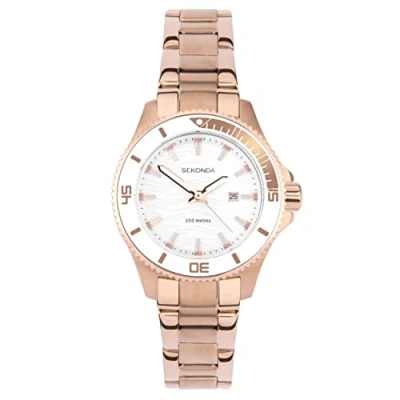 Image of Sekonda Pacific Wave Ladies 34mm Quartz Watch in Silver White with Analogue Date Display, and Rose Gold Stainless Steel Strap 40571