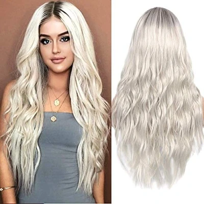 Image of ColorfulPanda Realistic Looking Platinum Blonde Curly Wavy Wigs with Dark Roots Ombre Heat Resistant Synthetic Hair for Women Middle Parting None Lace Front Wig