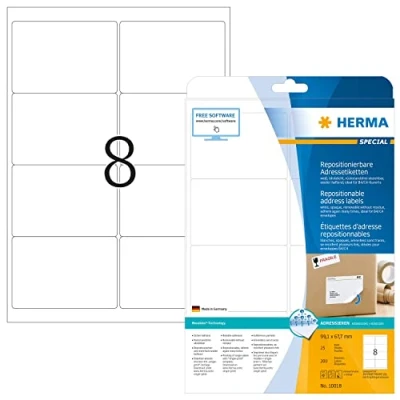 Image of HERMA Self Adhesive Removable Labels, 8 Labels per A4 Sheet, 25 Sheets, 99.1 x 67.7 mm, 200 Blank Multipurpose Stickers, Sticky for Laser &amp; Inkjet Printer, White