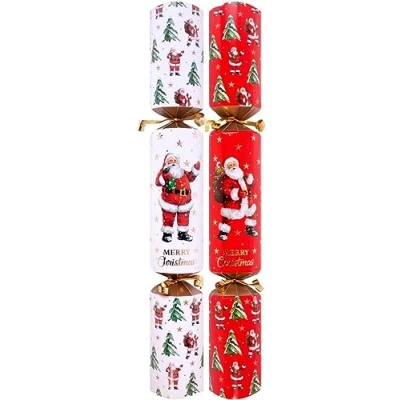 Image of Harvey &amp; Mason 10 Santa Christmas Crackers Deluxe Luxury Red Gold White Metallic Design, Xmas Tree Dinner Party Celebration Recyclable