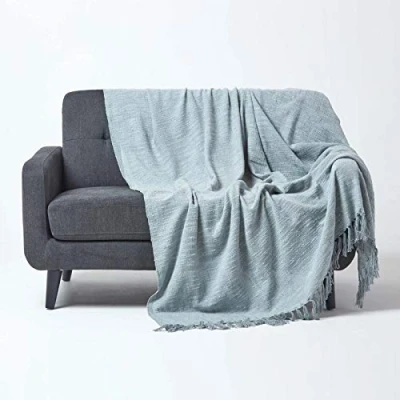 Image of HOMESCAPES Nirvana Grey Handwoven 100% Pure Cotton Throw 100 x 140 Inches, Bedspread Blanket with Handknotted Tassles in Very Durable and Heavy Quality, Easy Care Washable at Home
