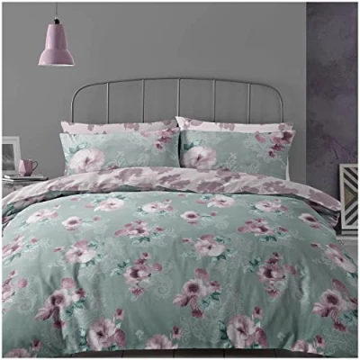 Image of Super Dreamer Flower Duvet Cover Set, Polycotton Fabric Botanical Bedding Sets Quilt With Pillowcase &amp; Fitted Sheet, Green, Single, 11693956