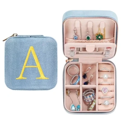 Image of TINGN Initial Jewellery Box Girls Ladies Personalised Gift for Women Small with Name Flower Travel Mirror Birthdays Christmas Mother&#039;s Day