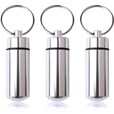 Image of pengxiaomei 3 pcs Waterproof Aluminum Pill Box, Pocket Case Silver Holder Medicine Water Resistant Keychain Container for Outdoor Travel Camping