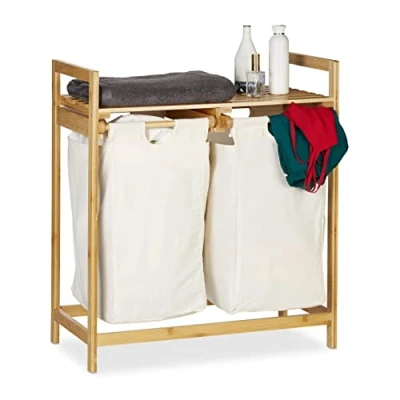 Image of Relaxdays Bamboo Laundry Hamper, Clothes Sorter with Shelf, 2 Compartments, Pull Out &amp; Portable, 60 L Basket, Natural