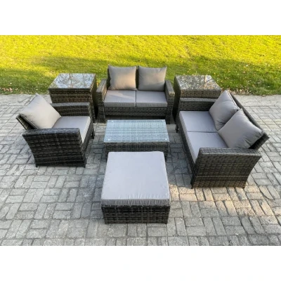 Image of Rattan Garden Furniture Set 6 Seater Patio Outdoor Lounge Sofa Chair with 2 Side Tables Rectangular Coffee Table Big Footstool Dark Grey Mixed